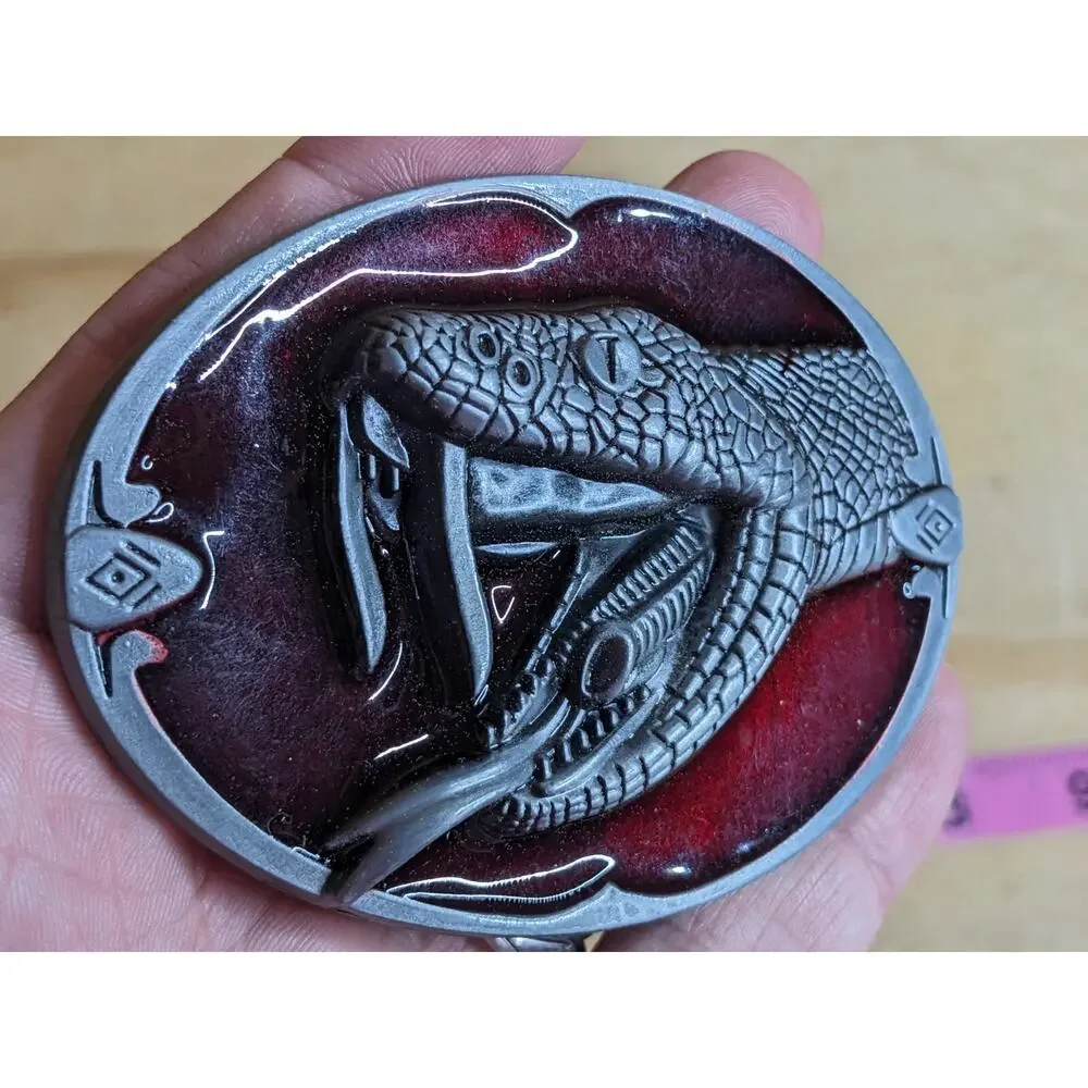 Vintage Snake Cobra Head Belt Buckle Red Enamel Pewter Tone 3D Viper Fangs Large